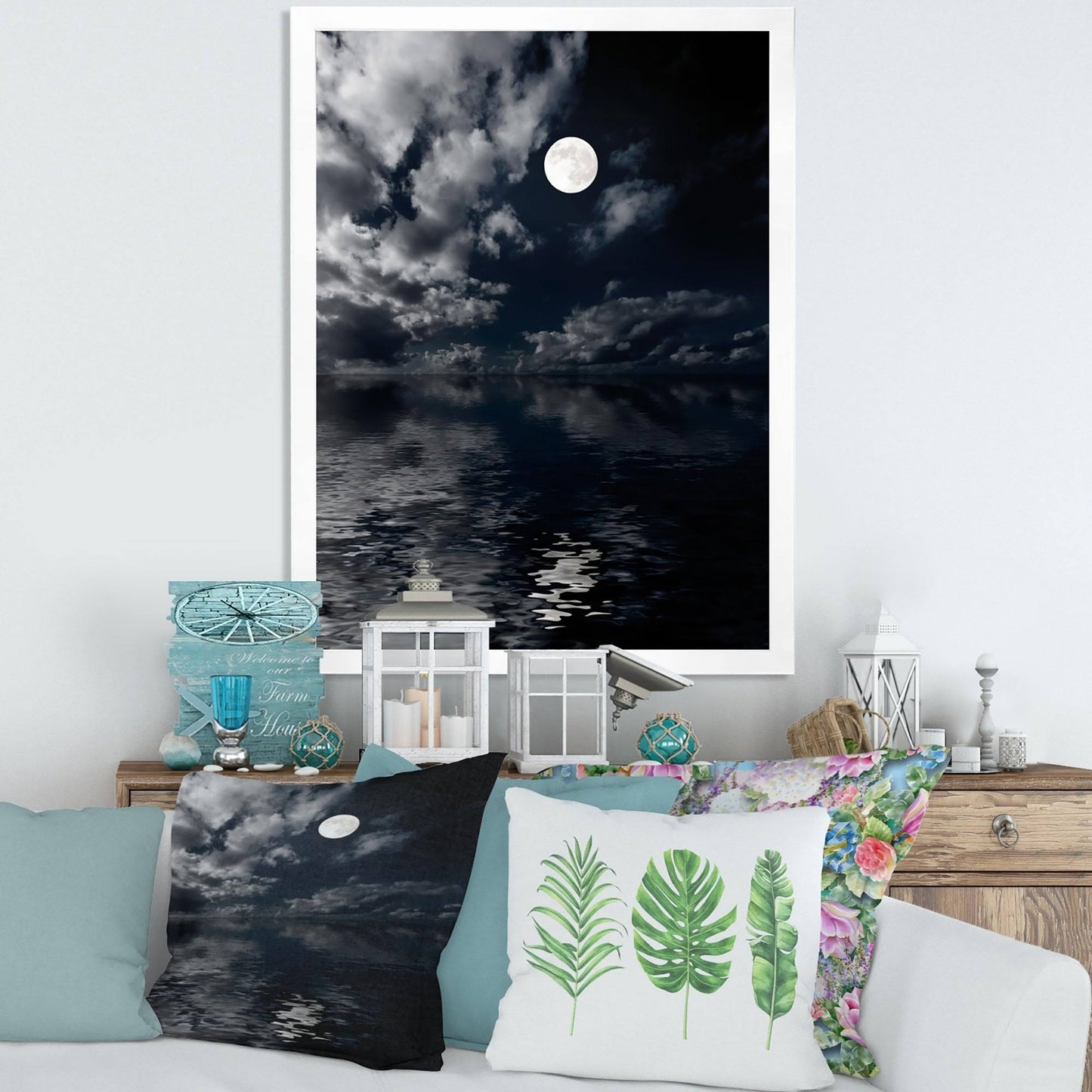 Designart &Full Moon in Cloudy Night Sky IV& Nautical Coastal Framed Art Print - 12 in. Wide x 20 in. High - White HFA8_P7CJO04