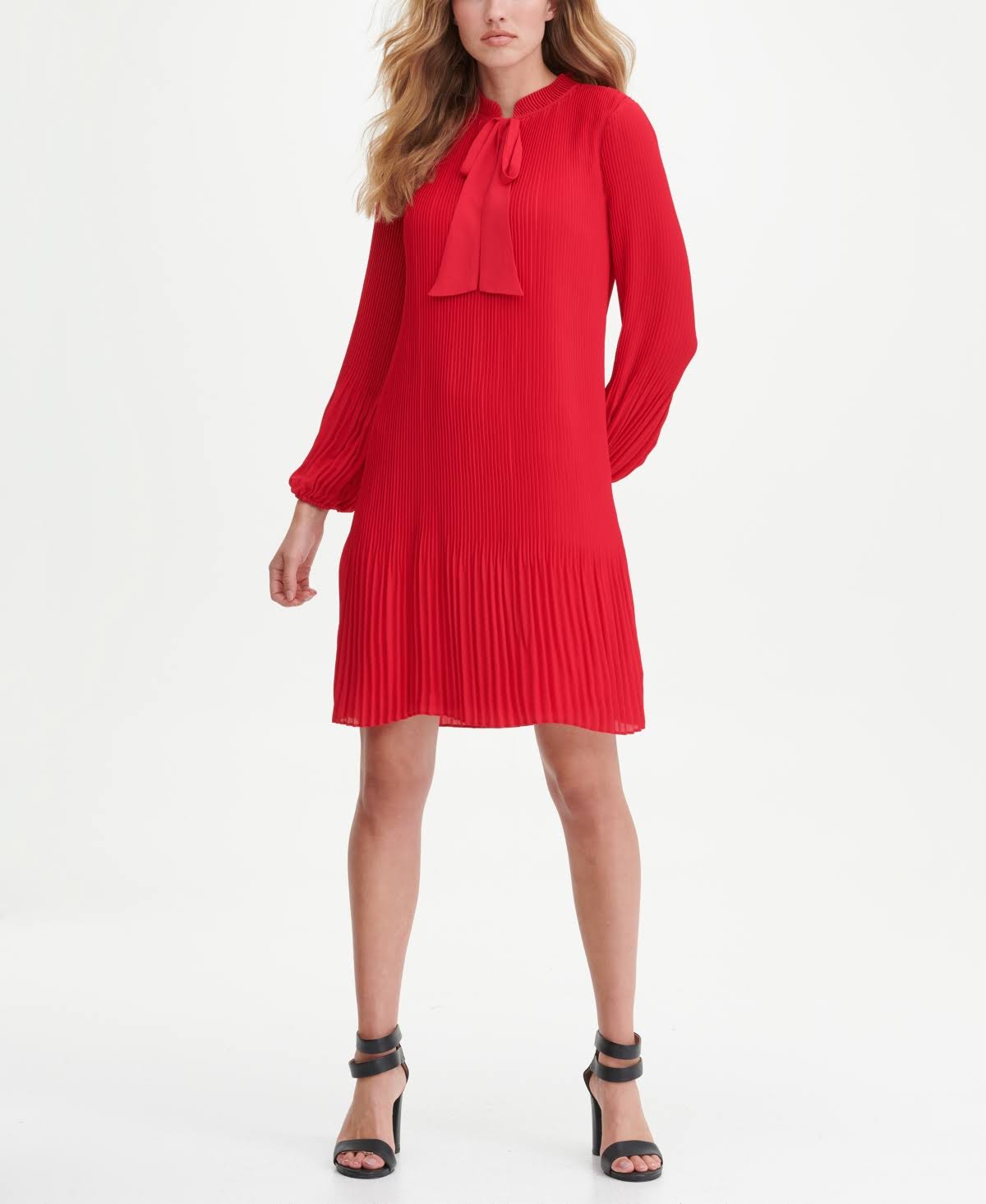 Dkny Long Sleeve Tie Neck Pleated Shift Dress - Red YOS2_U2RUX47