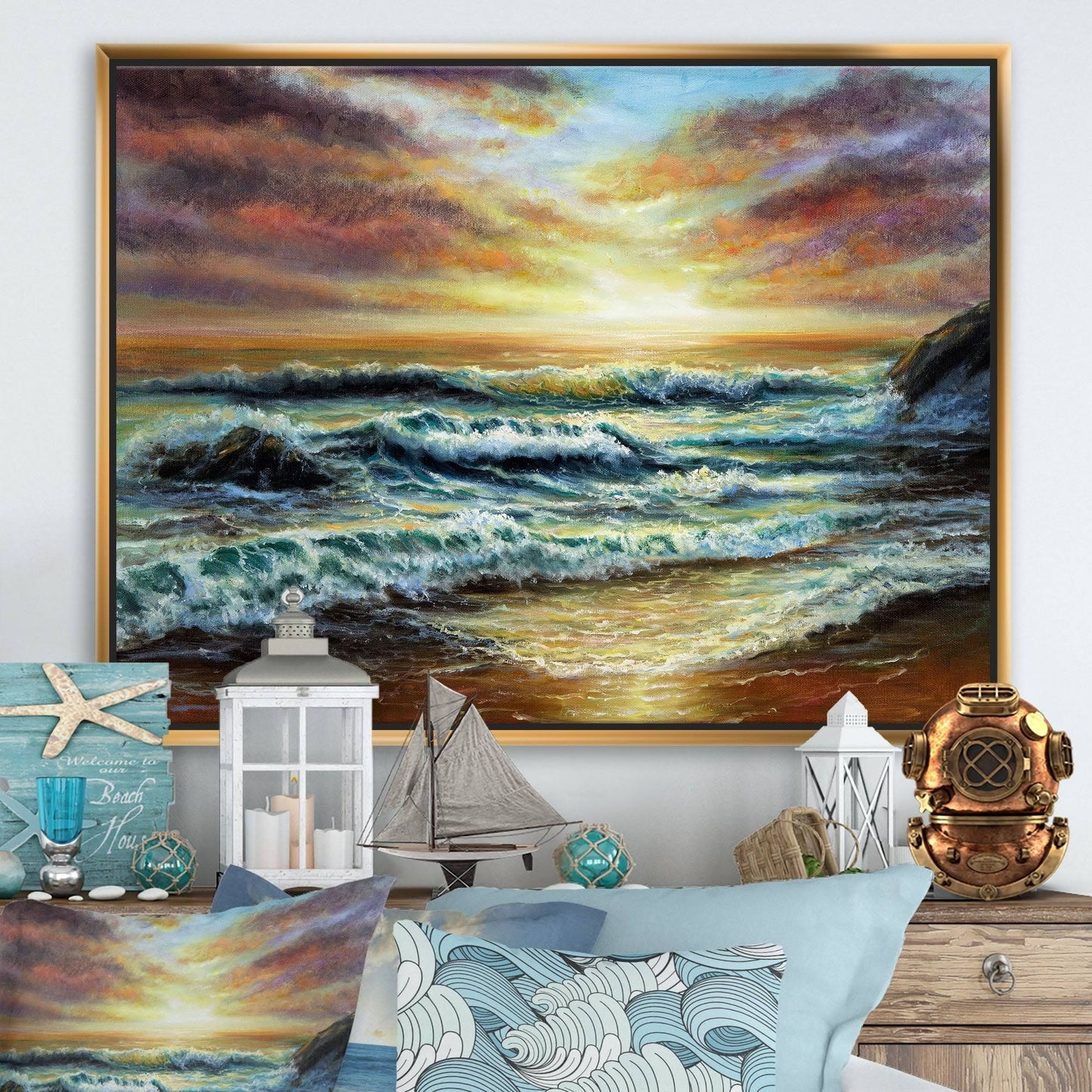 Designart &Magnificent Sunset Over Blue Wild Wave Ocean& Nautical Coastal Framed Canvas Wall Art Print - 20 in. Wide x 12  FEC5_X0TVX98