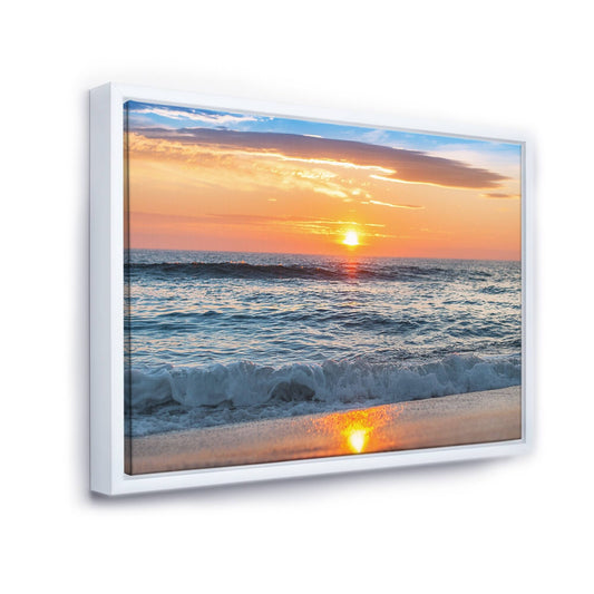 Designart Beautiful Sunrise Over The Horizon. Modern Beach Framed Canvas Art Print - 32 in. Wide x 16 in. High - White LQD1_L7XRY42