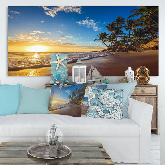 Design Art &Paradise Tropical Island Beach Sunrise& Photographic Print on Wrapped Canvas, Size: 28 inch x 60 inch, Blue RJU8_V1GBW17