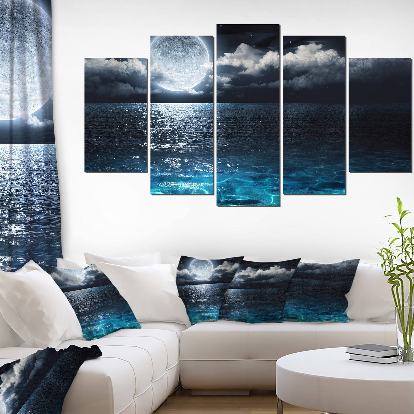 Designart Romantic Full Moon Over Sea  Seascape Canvas Art Print, Size: 60 inchx32 inch 5 Panels DBC9_D4NXC44