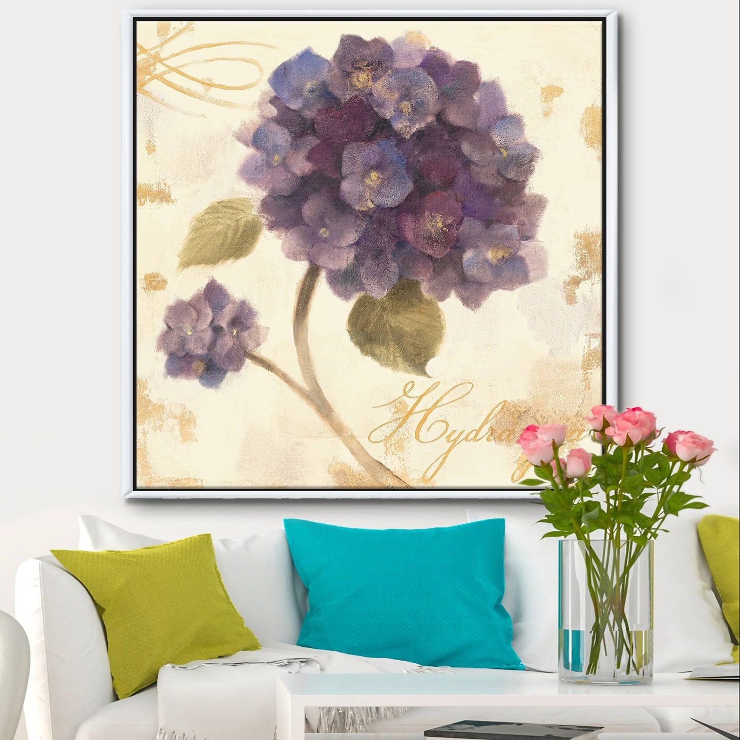 Designart Abundant Hydrangea Flower II Floral Cottage Framed Canvas - Purple - 30 in. Wide x 30 in. High - Gold XVM7_E3UUX14