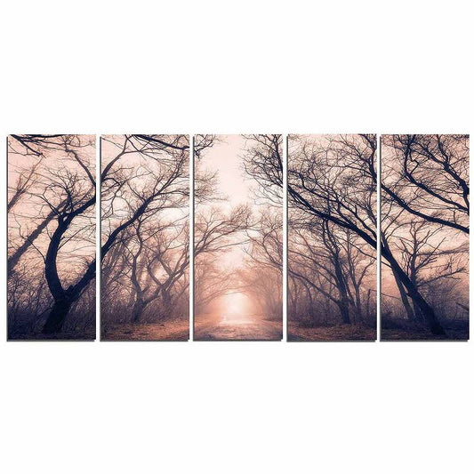 Design Art Road Through Mystical Dark Forest 5 Piece Photographic Print on Wrapped Canvas Set, Purple BWN5_K9WMP99