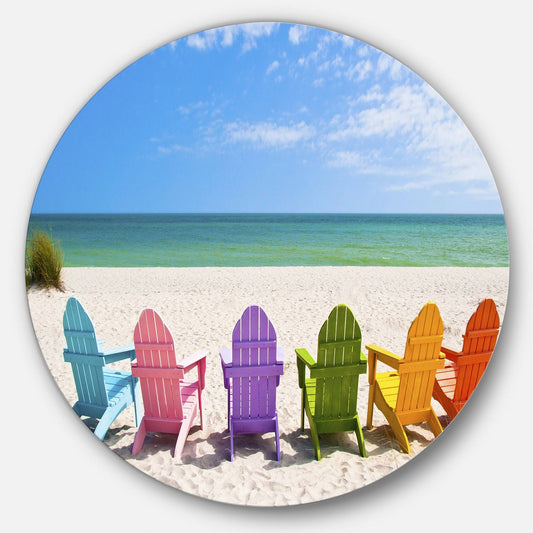 Designart &Adirondack Beach Chairs& Seashore Photo Circle Metal Wall Art, Size: 23x23, Blue XWV9_M2ELH46