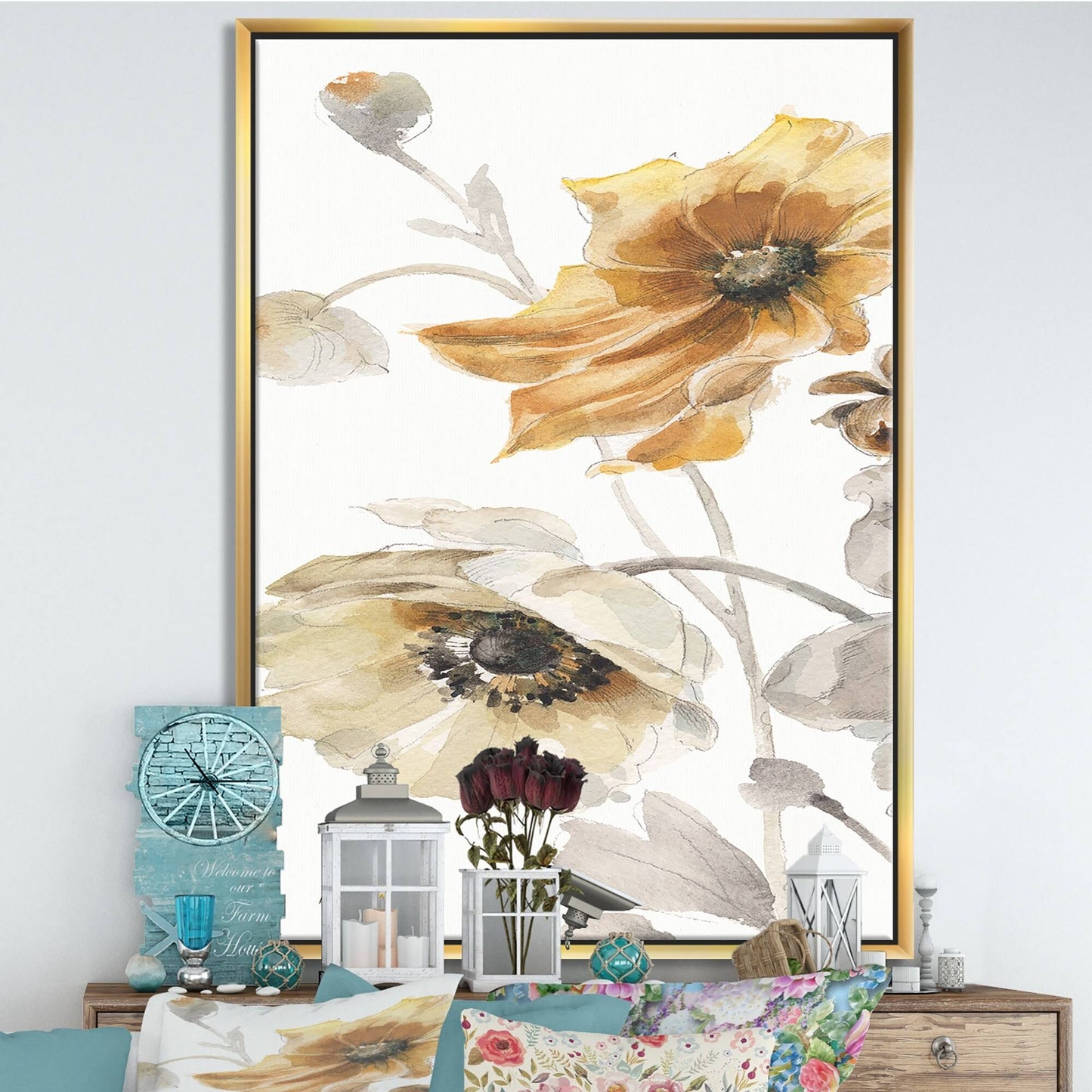 Designart &Fields of Gold Watercolor Flower II& Cabin Lodge Framed Canvas - Grey - 16 in. Wide x 32 in. High - White BFQ1_F9EOW72