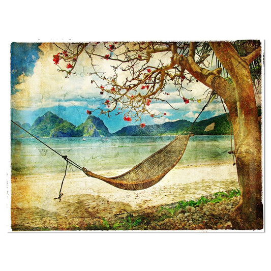 Designart &Tropical Sleeping Swing& Digital Art Landscape Metal Wall Art - 40 in. Wide x 30 in. High - 1 Panel UJV2_Y8SFE69