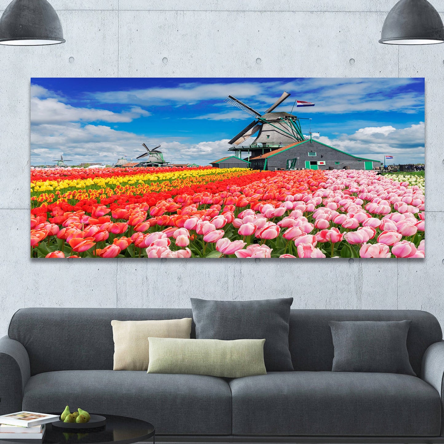 Designart &Dutch Windmills and Garden& Large Canvas Wall Art - 40 in. Wide x 30 in. High MLV4_Z6MDD74