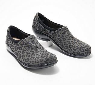 Clarks Collection Leather Slip-On Shoes- Ashland Joy, Size 7-1/2 Wide, Grey Leopard MDQ4_S7XWT71