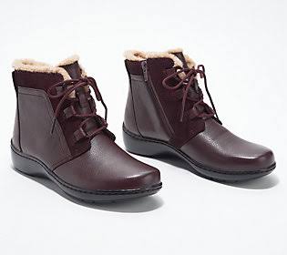 Clarks Collection Warm Lined Leather Boots -Cora Chai, Size 6-1/2 Wide, Burgundy HFX2_Z8VGG83