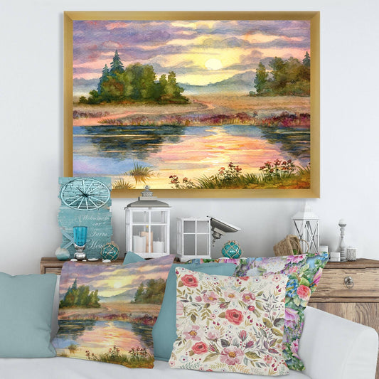 Designart &Sunset Over The Lake I& Traditional Framed Art Print - 20 in. Wide x 12 in. High - Gold RBC5_R5DLC15