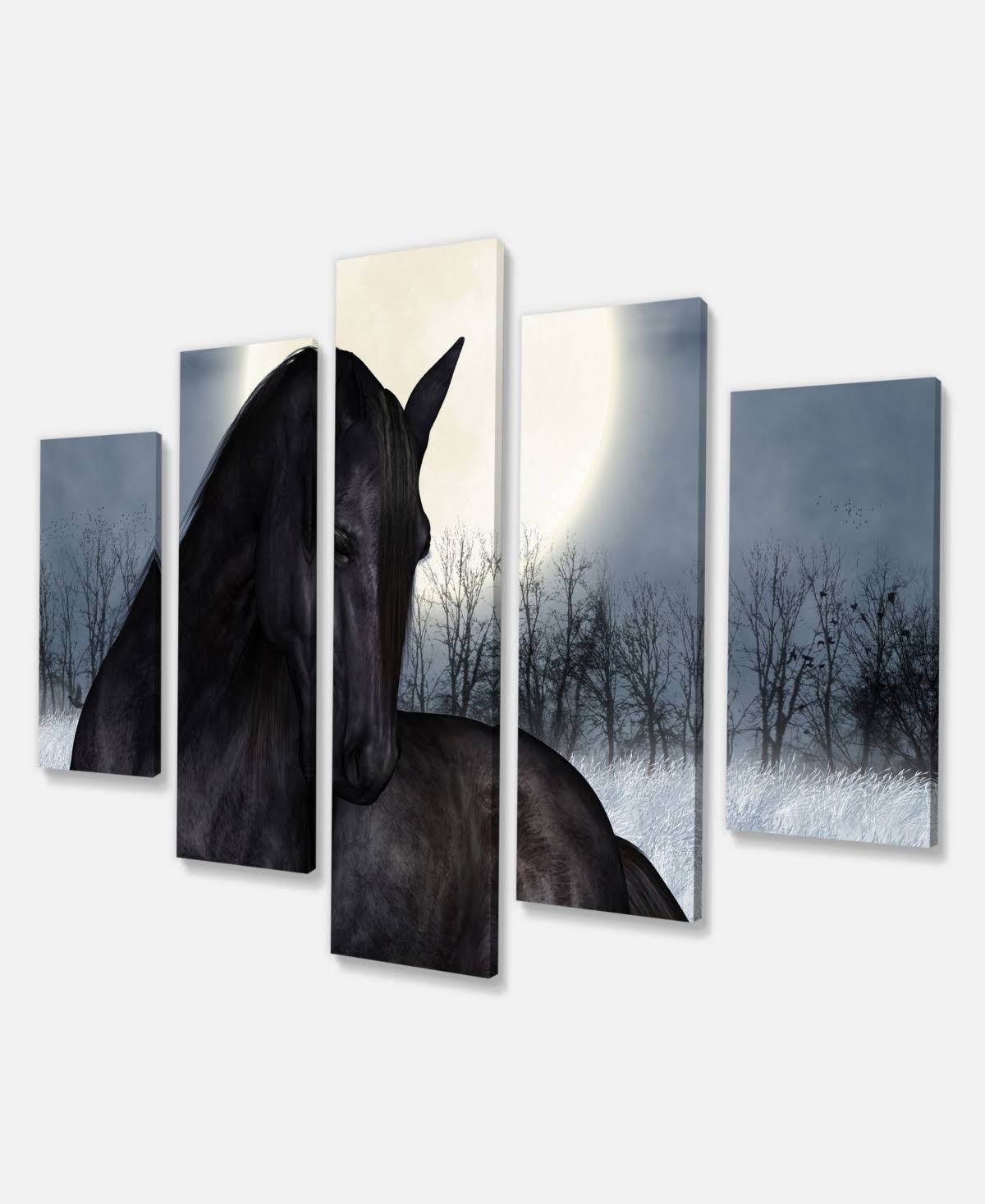 Design Art Black Horse in Moonlight Animal Canvas Art Print - 5 Panels - 61459640018 NKB2_X8EHV83