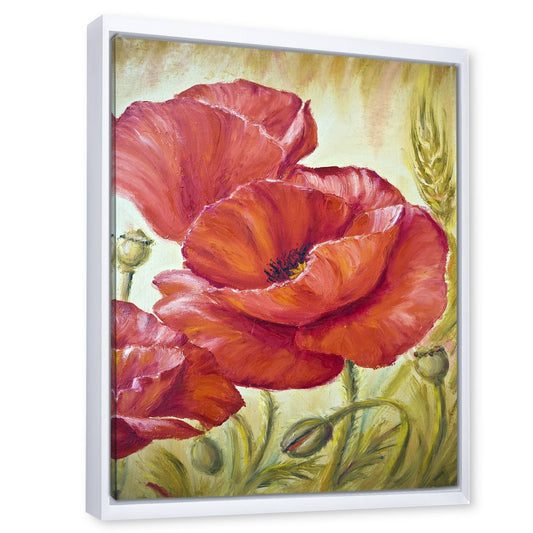 Designart &Blossoming Poppies in Wheat Fields I& Traditional Framed Canvas Wall Art Print - 24 in. Wide x 32 in. High - White TPM0_J7LRN71