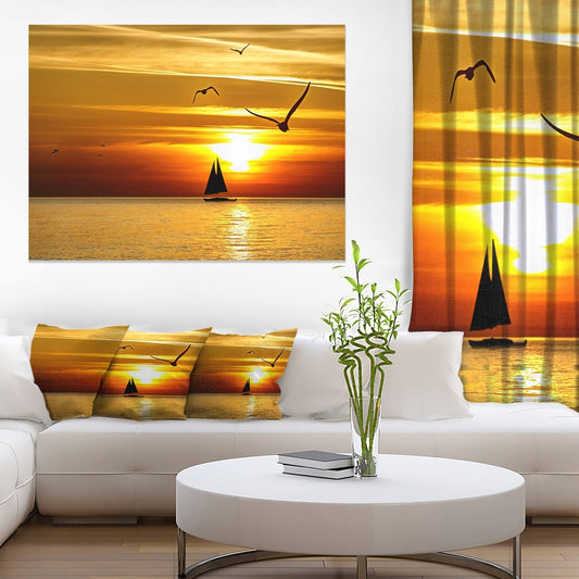 Design Art Bright Yellow Beach with Birds - Large Seashore Canvas Print, 32 in. Wide x 16 in. High YAZ8_D4WZT98