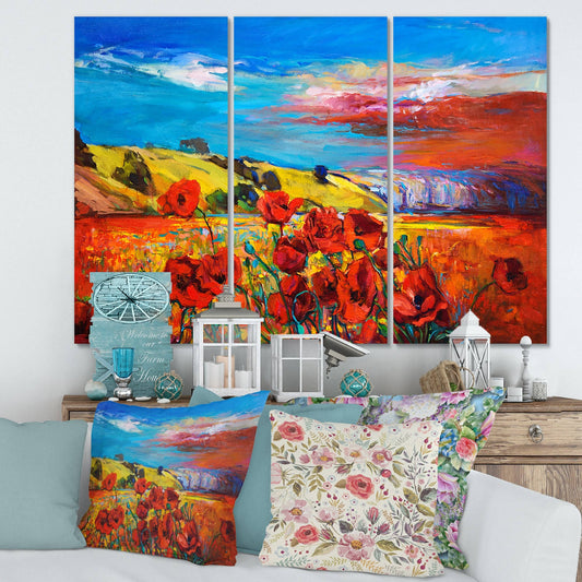 Designart &Blossomg Red Poppy Fieldsunder A Blue Sky& Traditional Canvas Wall Art Print - 36 in. Wide x 28 in. High - 3 Panels XEK2_X4NKO65