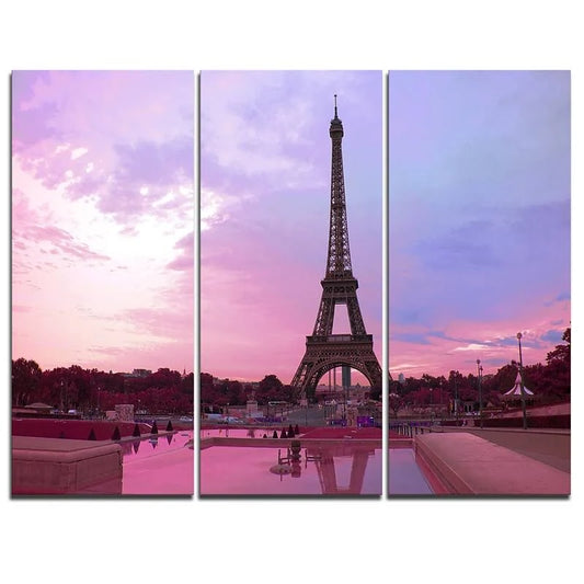 Design Art Eiffel Tower in Purple Tone - Landscape Large Wall Art Canvas, 36 in. Wide x 28 in. High - 3 Panels GWO1_U6YFU88