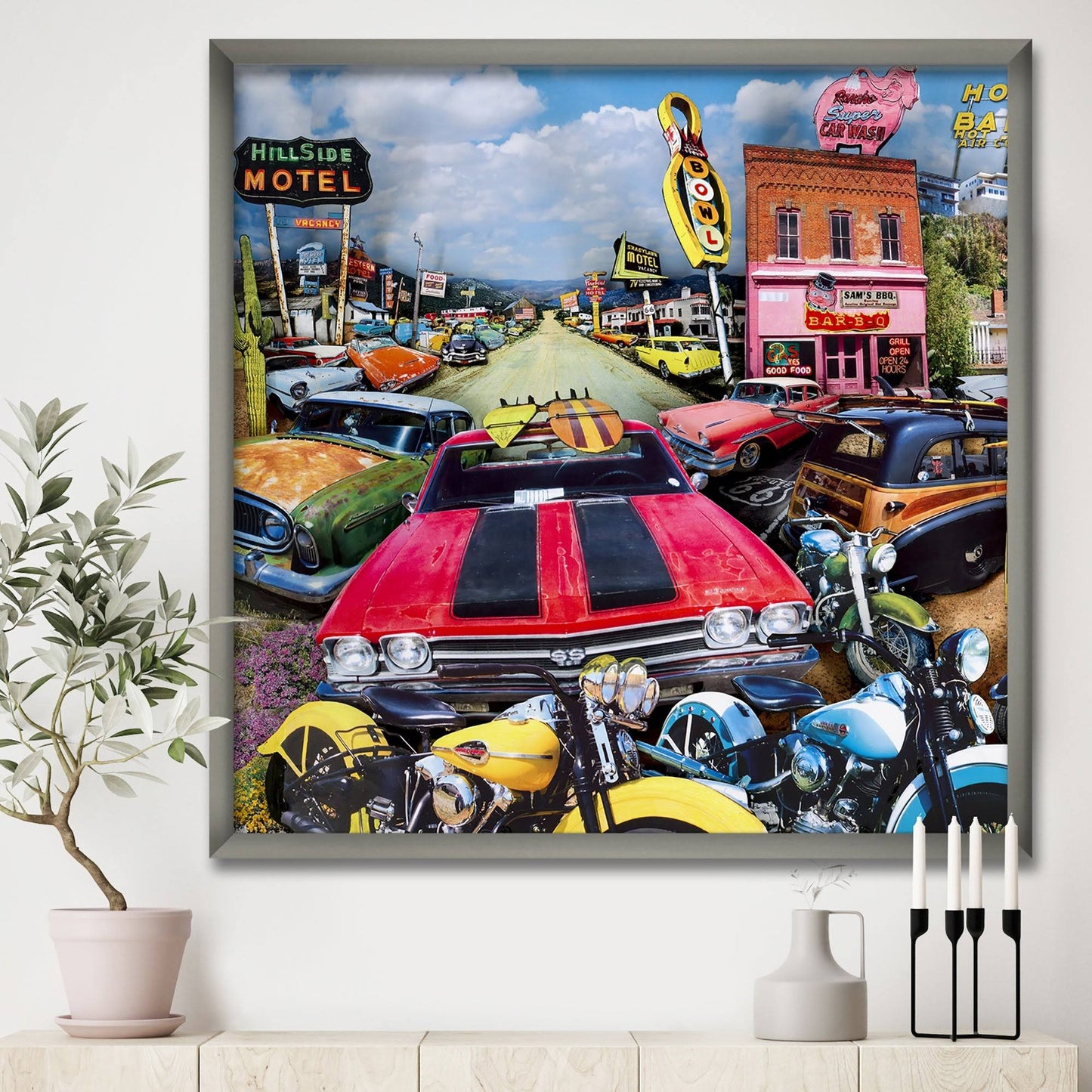 Designart &Pacific Paradise Motel 1& Modern Contemporary Framed Art Print - 16 in. Wide x 16 in. High - Silver BIH3_O5KFL27