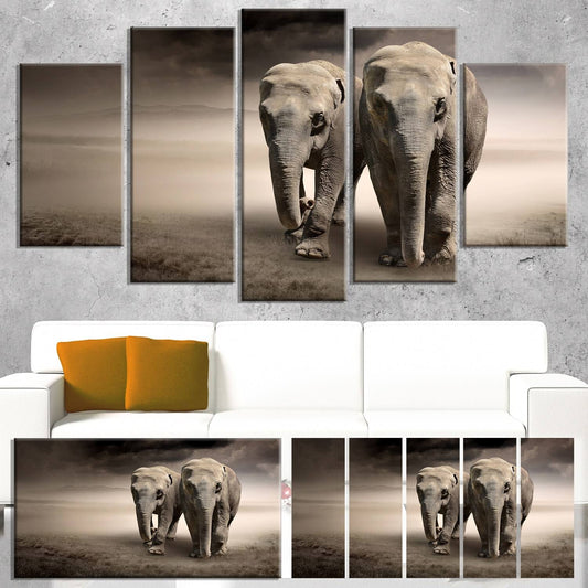 Designart &Elephant Pair in Motion& Large Animal Art on Canvas - 60 in. Wide x 28 in. High - 1 Panel XPR3_D9SIJ71