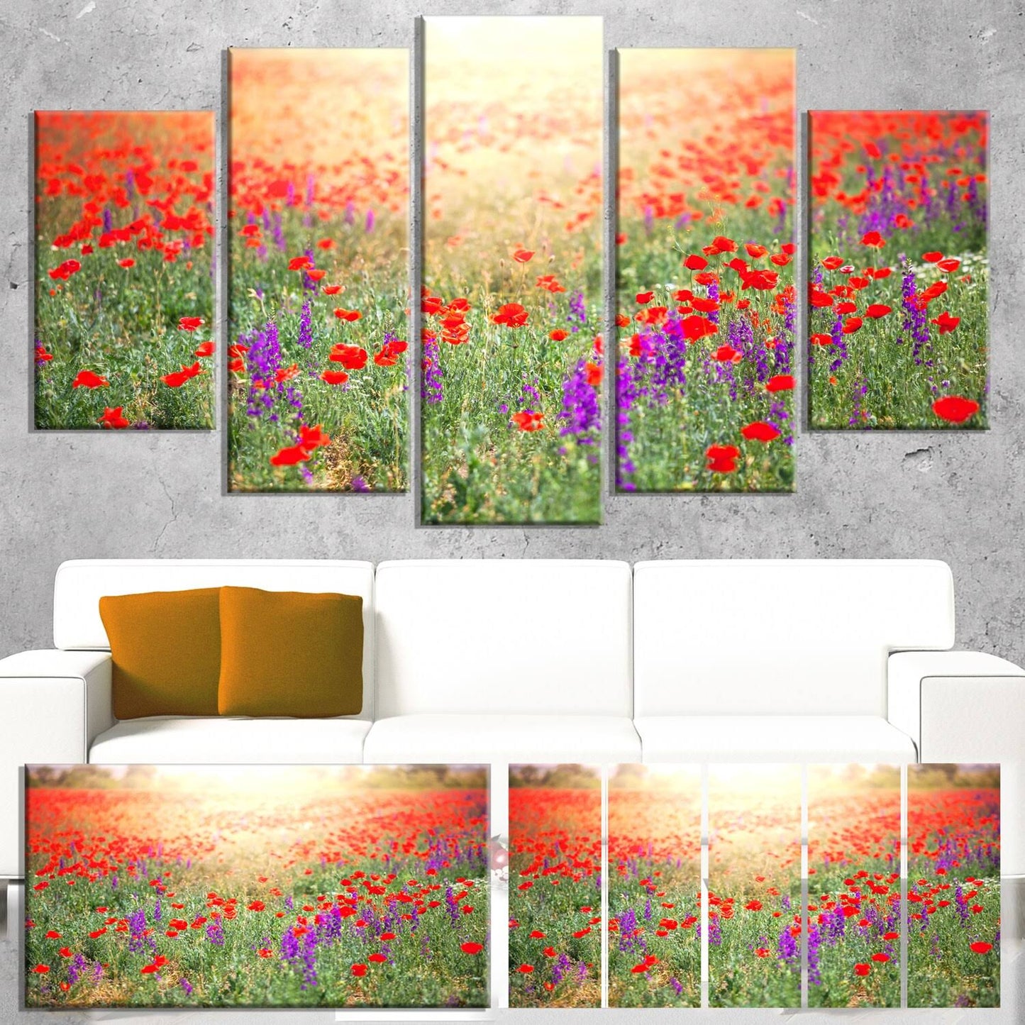 Design Art &Expansive Poppy Field at Sunset& 5 Piece Photographic Print on Wrapped Canvas Set, Red MTV5_U3SYW47