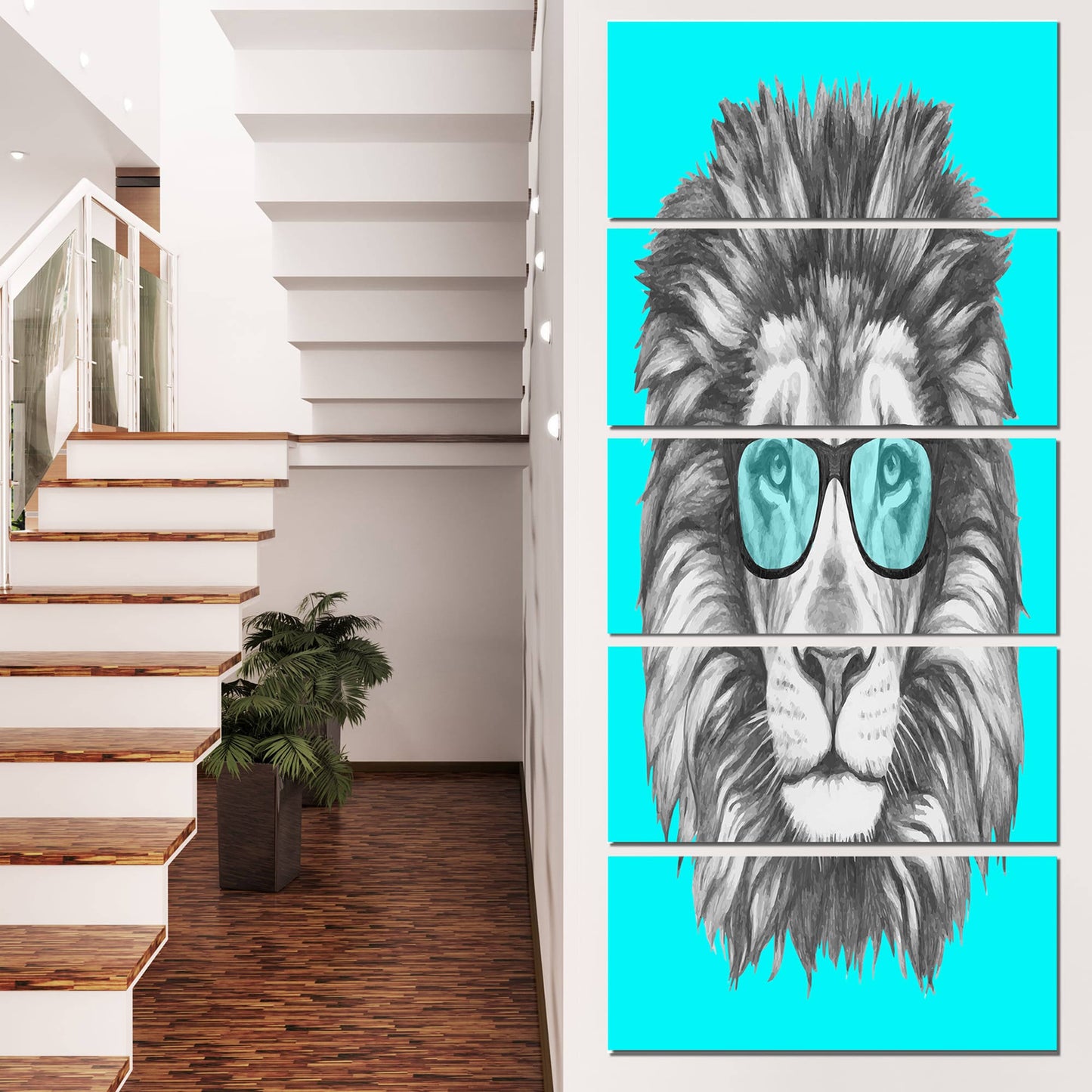 Design Art Funny Lion with Blue Glasses Graphic Art on Wrapped Canvas, Size: 60 inch H x 28 inch W x 1.5 inch D DYM3_V4OBS67