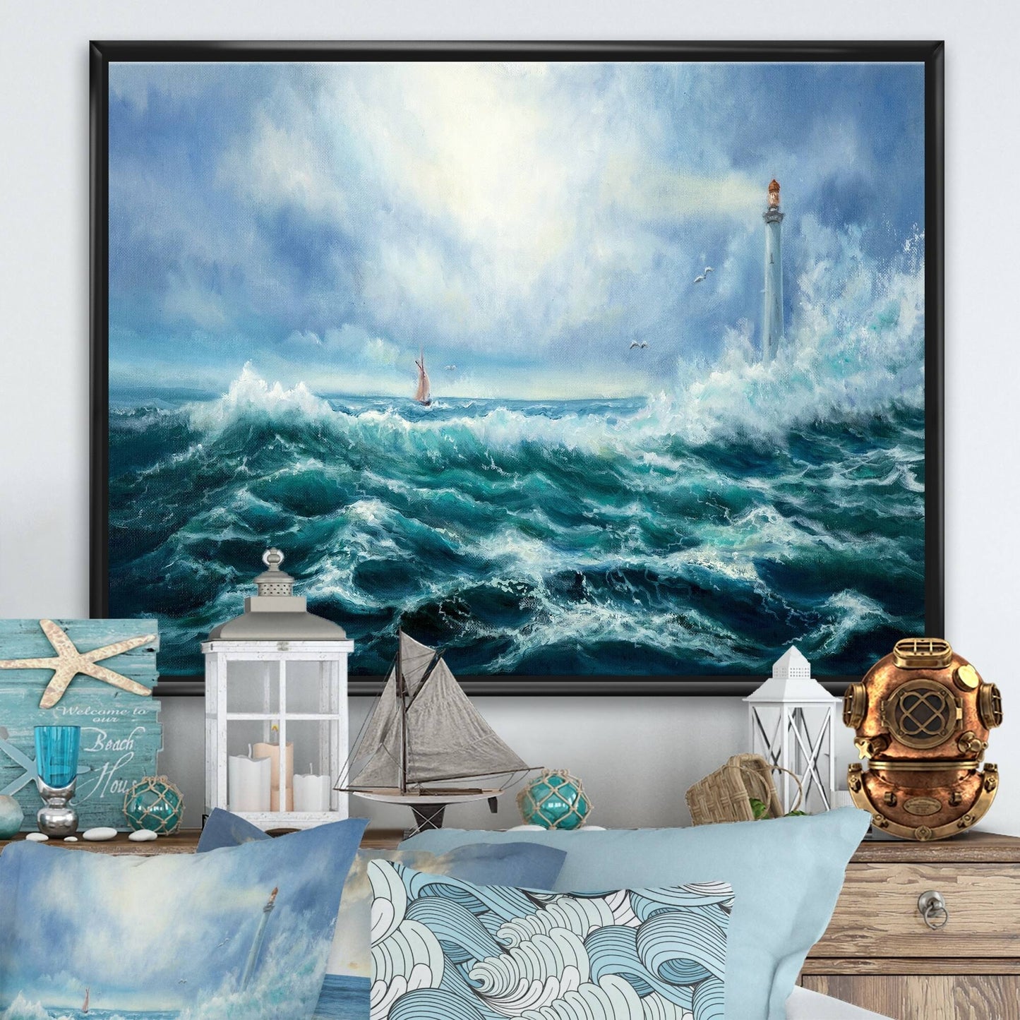 Designart &Lighthouse in Middle of Blue Wild Ocean Waves& Nautical Coastal Framed Canvas Wall Art Print - 44 in. Wide x 34 IGU7_J2OIP87