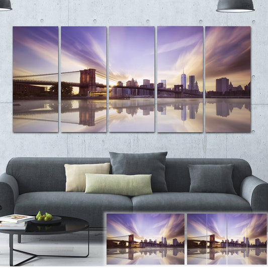 Design Art Purple Sky Over Brooklyn Bridge - Cityscape Photo Canvas Print, Size: 60 in. Wide x 28 in. High - 5 Equal Panels CVA7_Z5BUD97