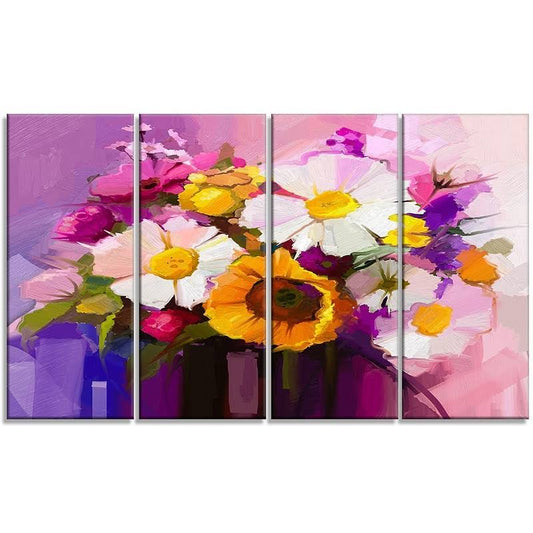 Design Art &Bunch of White Red Yellow Flowers& 4 Piece Painting Print on Wrapped Canvas Set KFT1_V0KIZ73