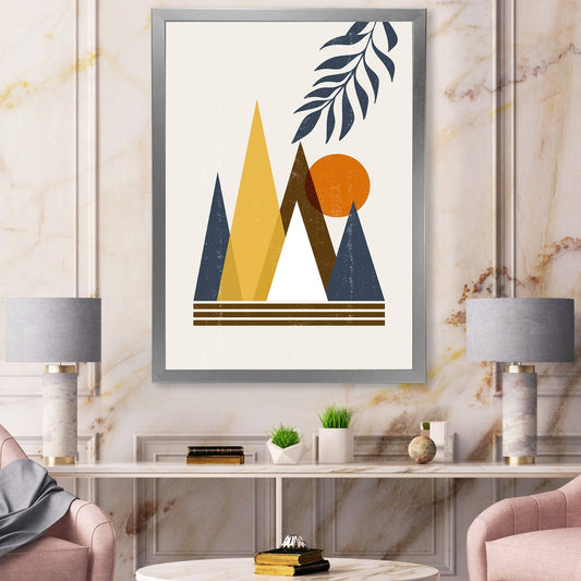 Designart &Abstract Sun and Moon in Mountains I& Modern Framed Art Print - 16 in. Wide x 32 in. High - Silver LKW7_B5MQY75