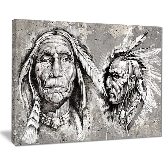 Designart &Native American Indian Heads& Portrait Digital Art Canvas Print - 12 in. Wide x 8 in. High - 1 Panel OTG4_S3RUM13