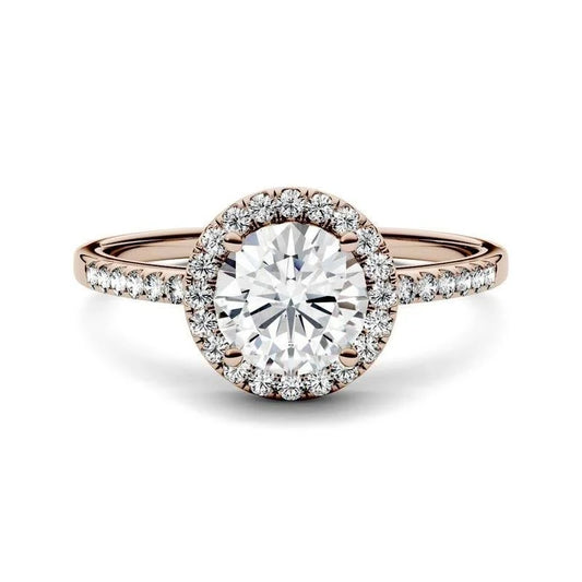 Charles Colvard Moissanit 14k Gold 1.30 TGW Round Halo Engagement Ring - Rose Gold, Size: 9 EEF9_U1JNS00