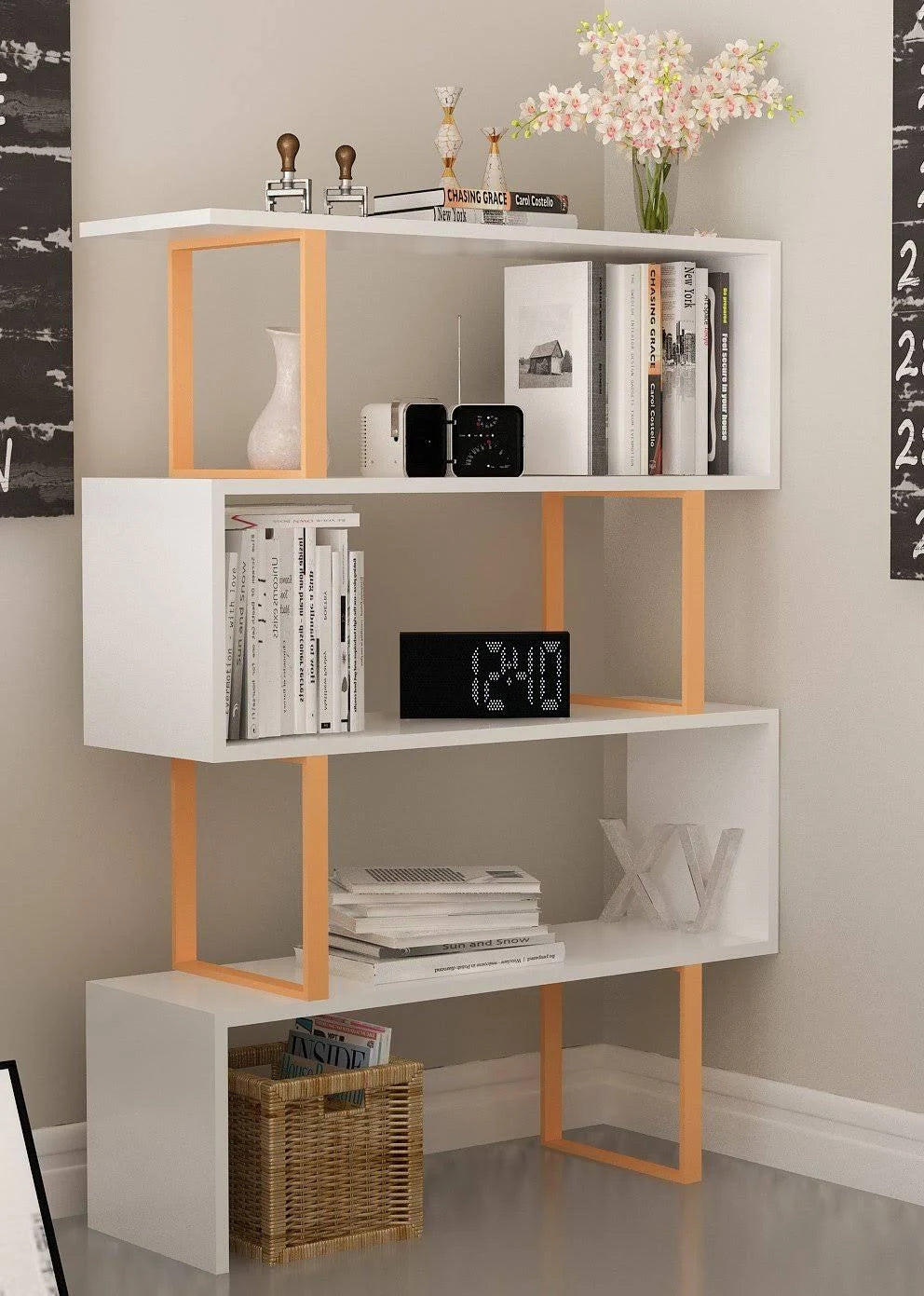 Decorotika Adriana 4-Tier Modern Geometric Metal Wood Bookcase - White Gold IVO9_H3IEW74