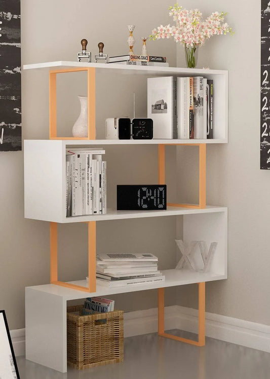 Decorotika Adriana 4-Tier Modern Geometric Metal Wood Bookcase - White Gold IVO9_H3IEW74