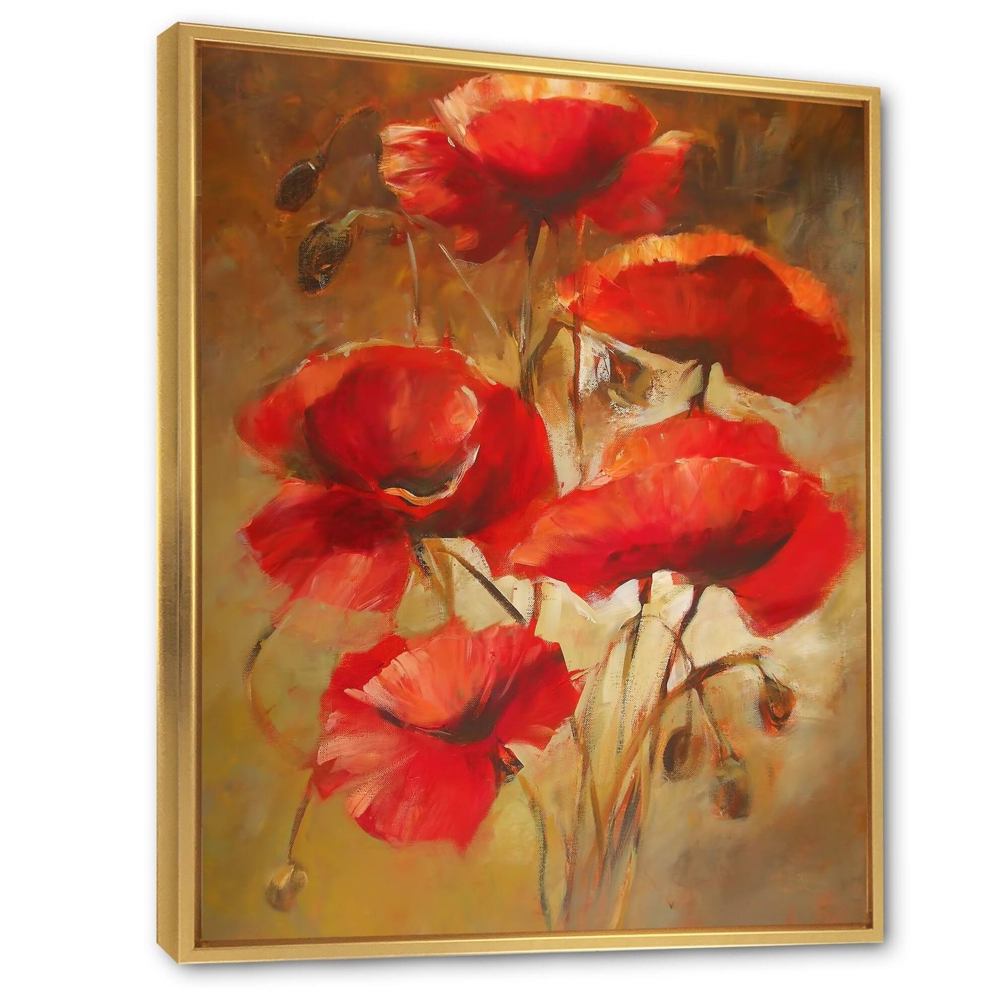 Designart &Red Blossoming Poppies IV& Traditional Framed Canvas Wall Art Print - 30 in. Wide x 40 in. High - Gold XLF5_H9XRO14