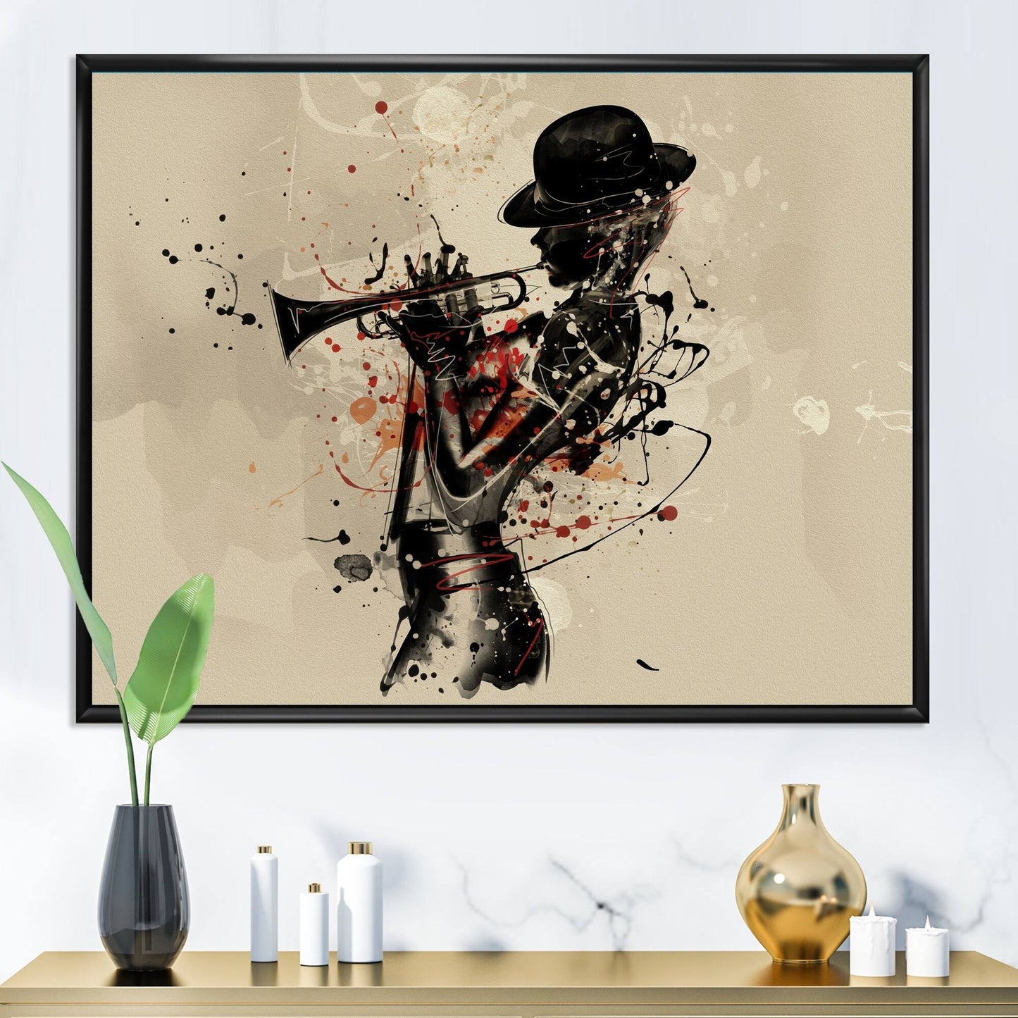 Designart &Woman Playing Jazz Trumpet& Modern Framed Canvas Wall Art Print - 32 in. Wide x 24 in. High - Black HQR8_F8HEE93