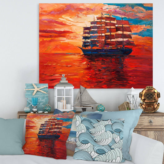 Designart &Frigat During Evening Glow on The Ocean Horizon& Nautical Coastal Canvas Wall Art Print - 32 in. Wide x 16 in.  GMK4_K9YJY55