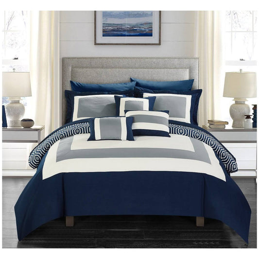 Chic Home CS4465-US Reversible Hotel Collection Queen Size Bed in A Bag Comforter Set, Navy - 10 Piece, Blue BLK2_A5NIV58