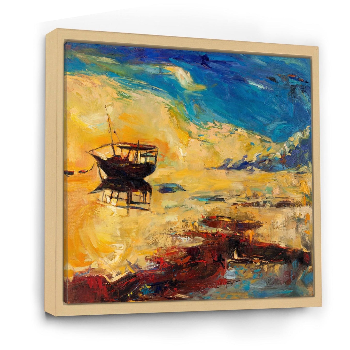 Designart &Boat at The Ocean Horizon During Sunset& Nautical Coastal Framed Canvas Wall Art Print - 36 in. Wide x 36 in. H ZAL7_D3WWG29