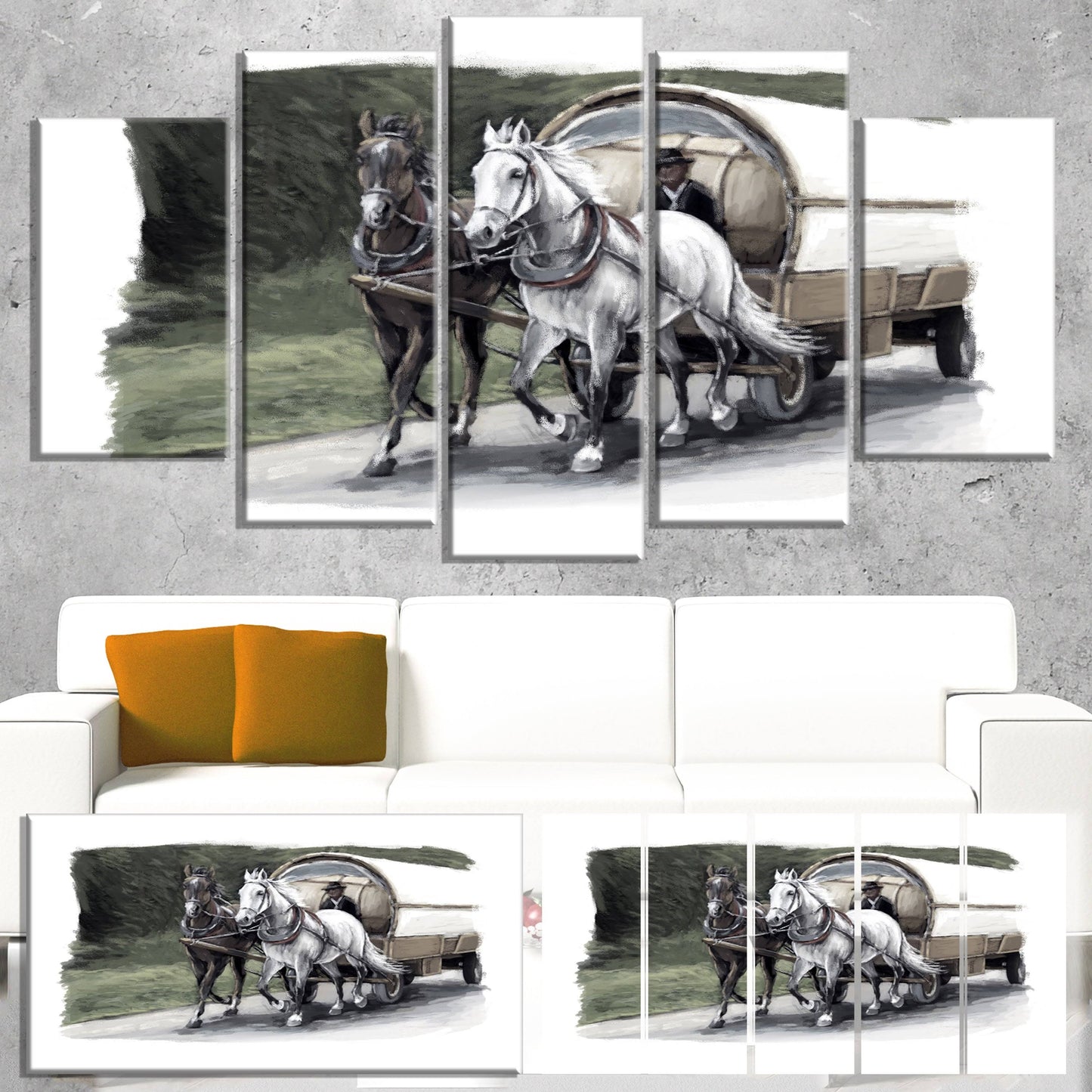 Design Art Horse Cart Black and White - Animal Painting Canvas Art - Grey, 60 in. Wide x 32 in. High - 5 Panels Diamond Shape XBK8_T8LHX50