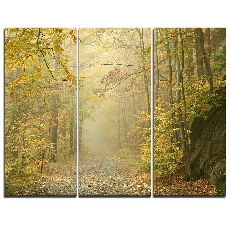 Design Art Autumn Forest Path on Misty Morning - 3 Piece Graphic Art on Wrapped Canvas Set, Green BDY2_M8WFC91