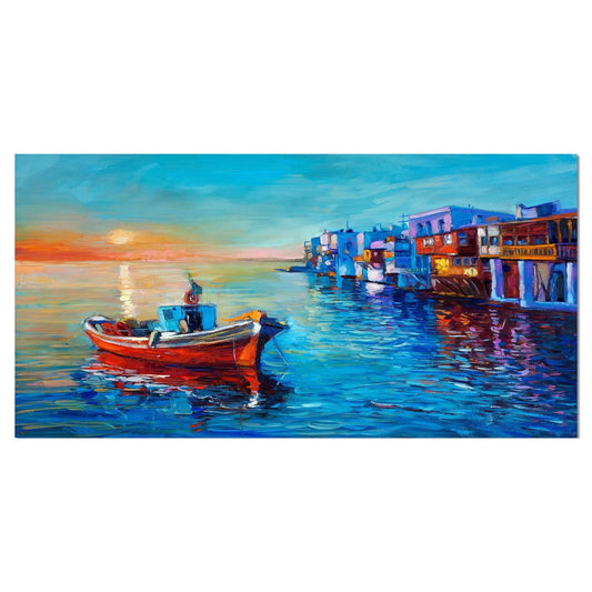 Designart &Fishing Boat in Coastal Town& Nautical Print on Wrapped Canvas - 32 in. Wide x 16 in. High STE1_G1JKX14