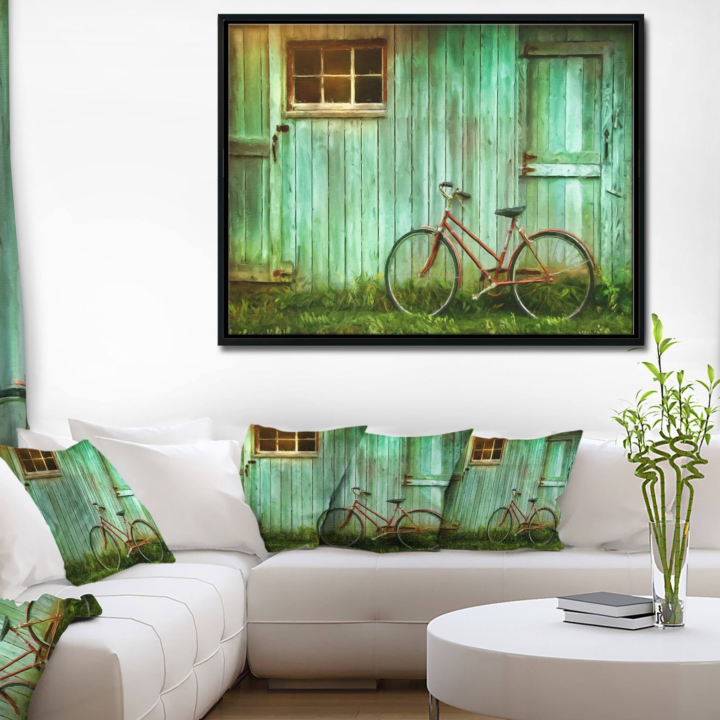 Designart &Old Bicycle Against Barn& Landscape Photo Framed Canvas Art Print - 40 in. Wide x 30 in. High WMT7_P7RRJ56