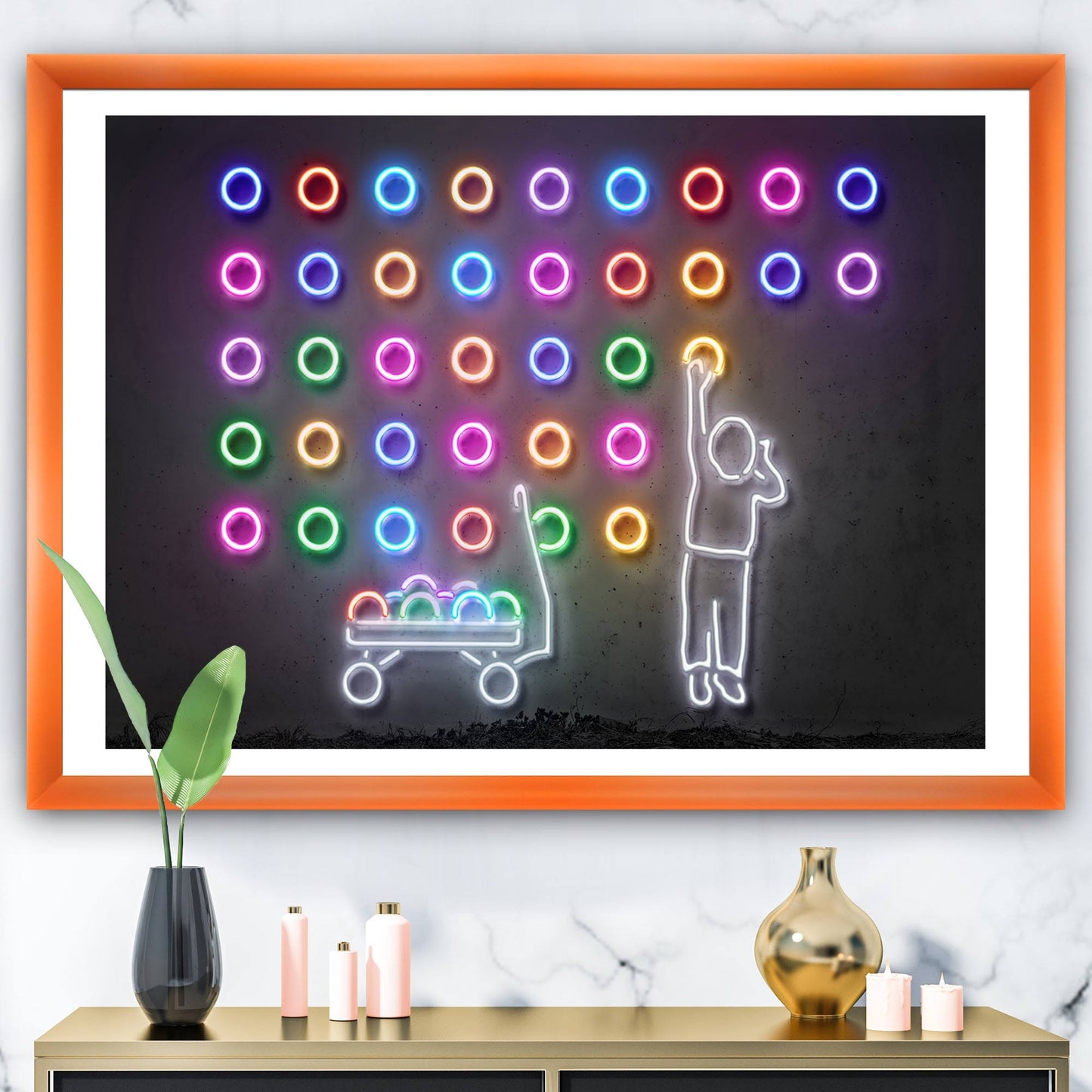 Designart &Boy Collecting Neon Circles& Modern Contemporary Framed Art Print - 44 in. Wide x 34 in. High - Orange WHQ7_Y6VJH98