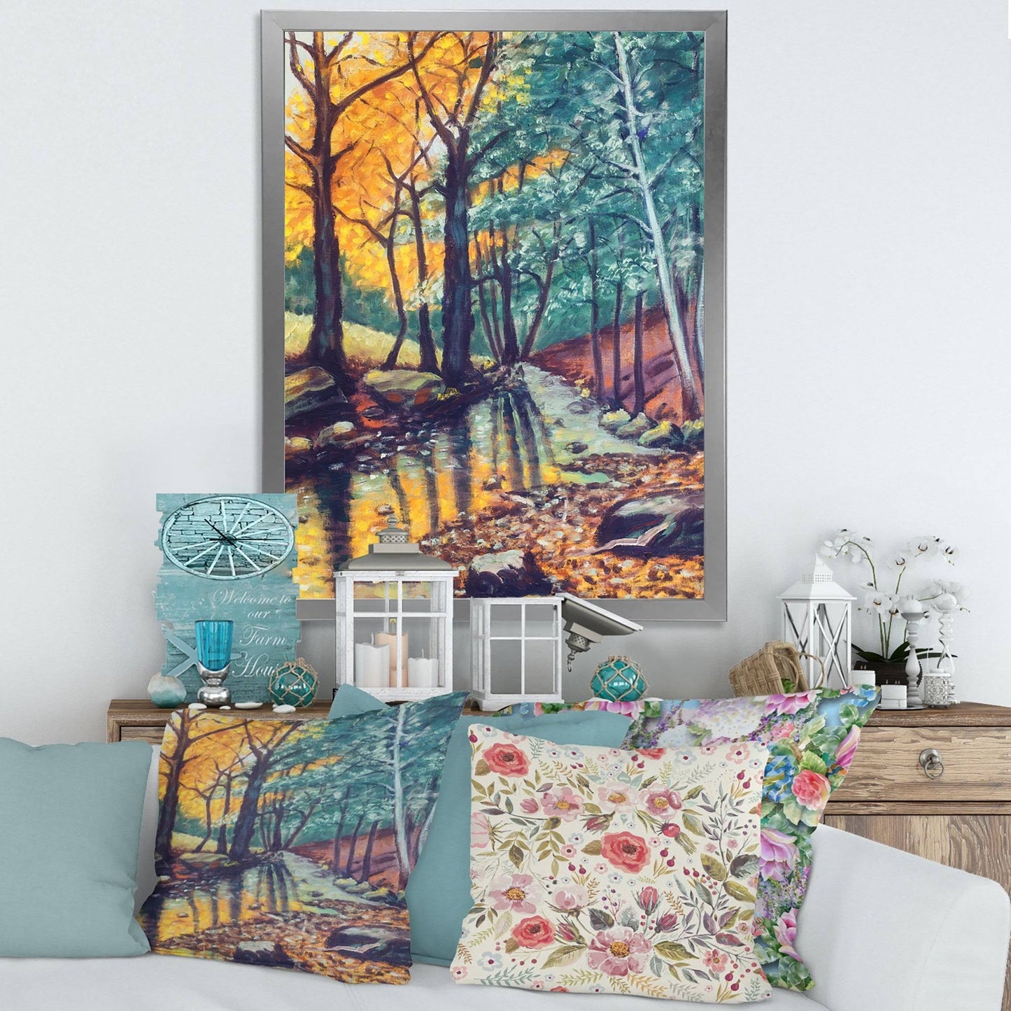 Designart &Landscape with River in Autumn Forest Sunset& Traditional Framed Art Print - 12 in. Wide x 20 in. High - Silver ZNC3_B0KMK08