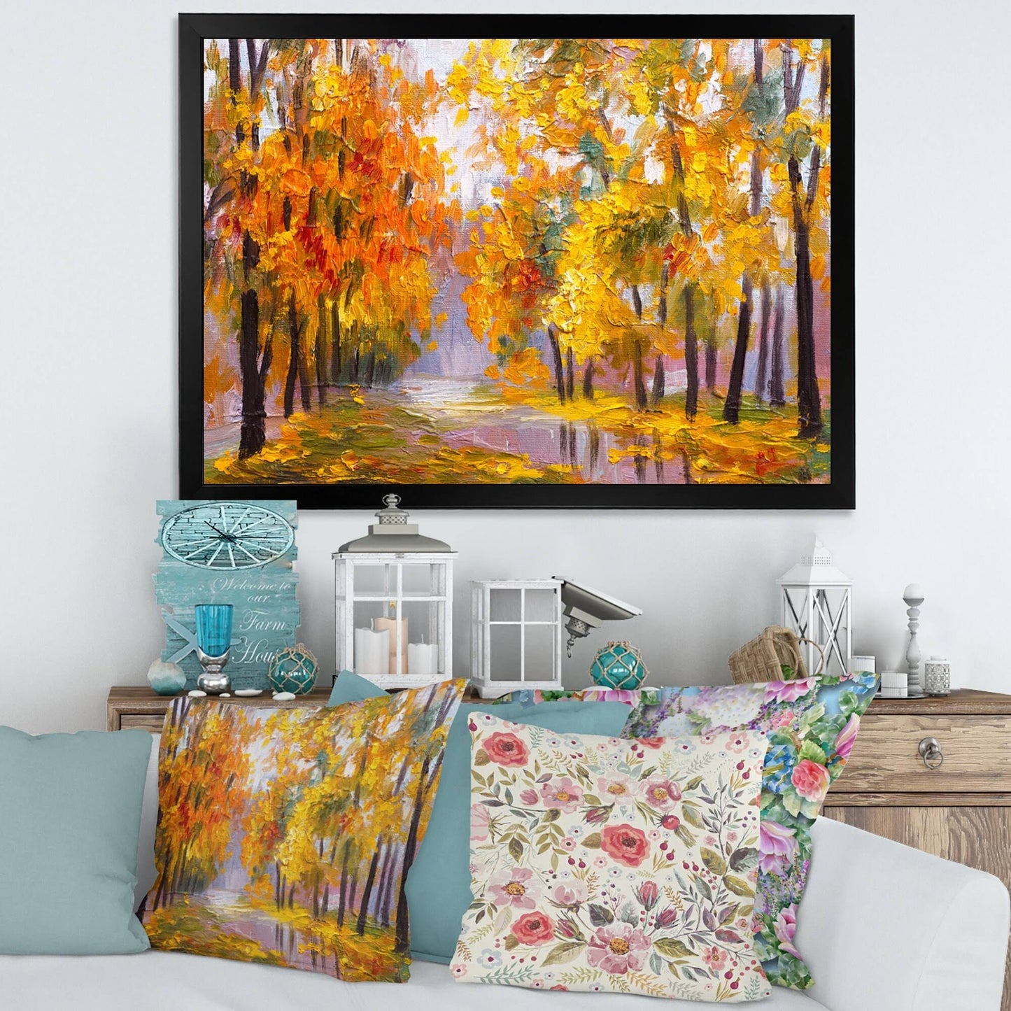 Designart Forest Full of Fallen Leaves in Autumn Lake House Framed Art Print - 32 in. Wide x 24 in. High - Black EFN4_C0BZA50