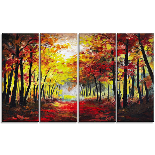 Designart - Walk Through Autumn Forest - 4 Piece Landscape Canvas Artwork Print XQK7_K1QEK61