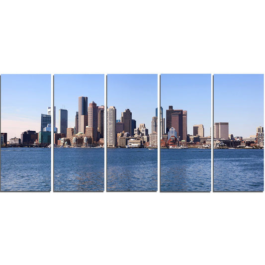 Designart Boston Skyline Panorama Cityscape Photo Canvas Art Print - Blue - 60 in. Wide x 28 in. High - 5 Equal Panels NZE1_E5GMG11