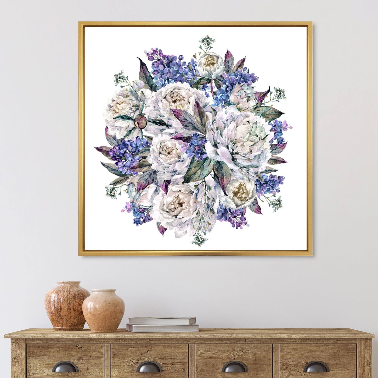 Designart Bouquet Peonies in White and Blue Traditional Framed Canvas Wall Art Print - 16 in. Wide x 16 in. High - Gold QAY9_U2ZZK56