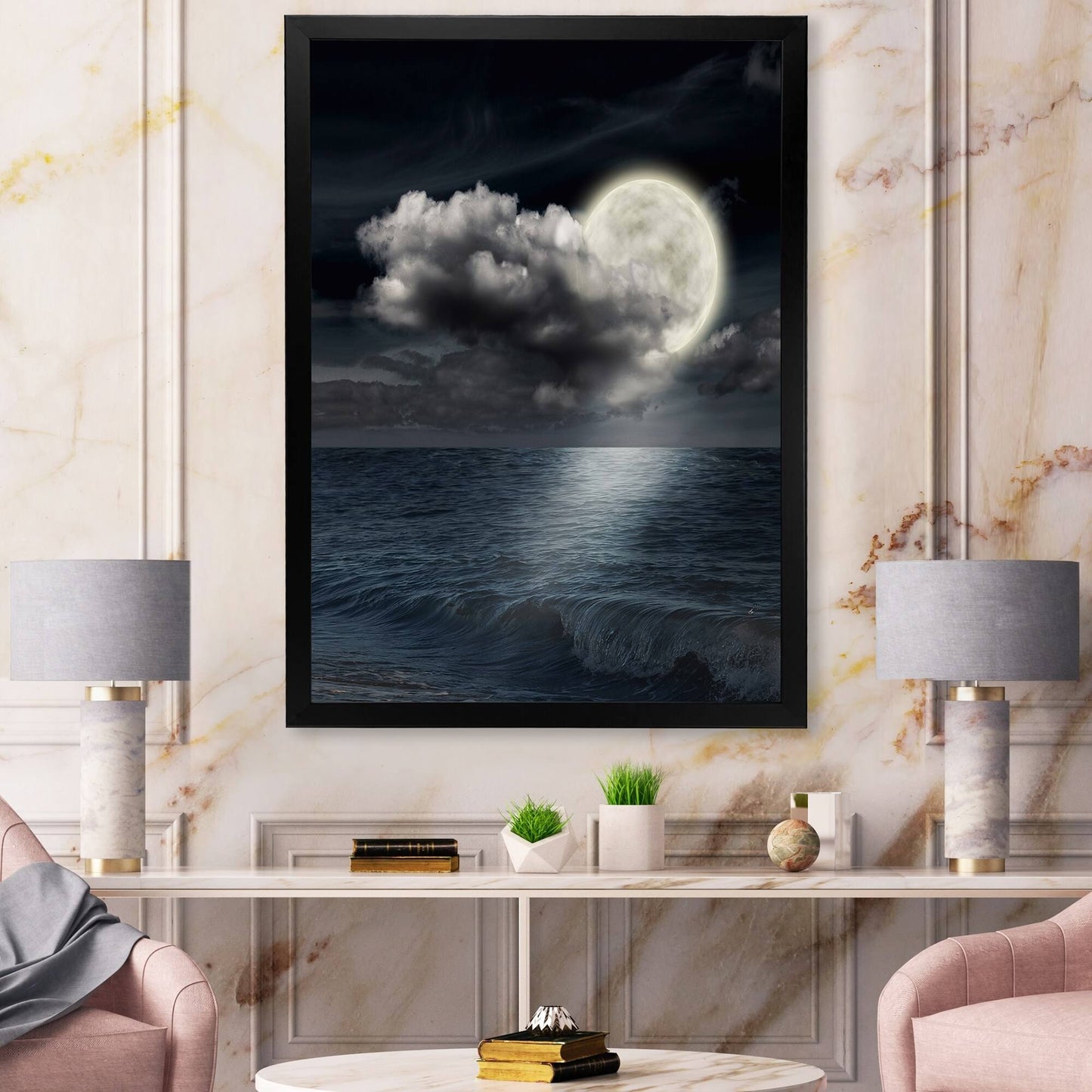 Designart &Full Moon in Cloudy Night Sky VI& Nautical Coastal Framed Art Print - 16 in. Wide x 32 in. High - Black SEI2_W8BWI90