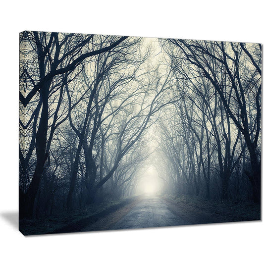 Design Art &Dark Autumn Forest in Fog& Photographic Print on Wrapped Canvas, Size: 28 inch H x 60 inch W x 1.5 inch D, Gray CKW5_U4LQC32