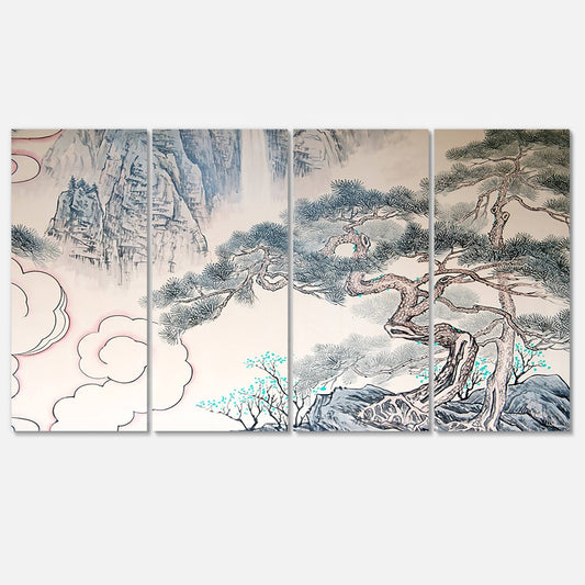 Designart Chinese Blue Tree Art Floral Metal Wall Art - 48 in. Wide x 28 in. High - 4 Panels UUV4_U1VZF50